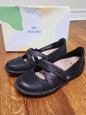Earth Origins Black Leather Mary Jane Comfort Shoes Memory Foam Size 6